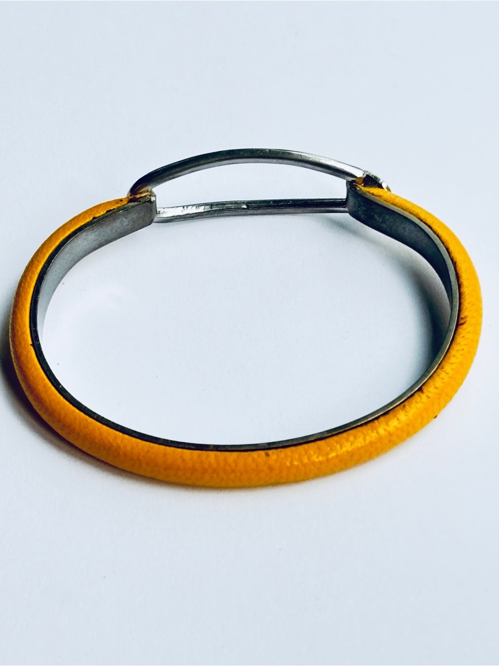 Manelli Florence Silver Plated Yellow Leather Cuff Bracelet Italy 2.25” 80s